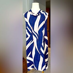 Lisa Tomei 100% Linen Navy & White Sheath Sleeveless Dress w/ Pockets